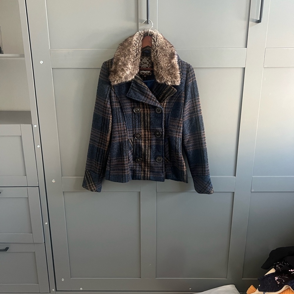 Dollhouse Blue Plaid Pea Coat with Fur Collar